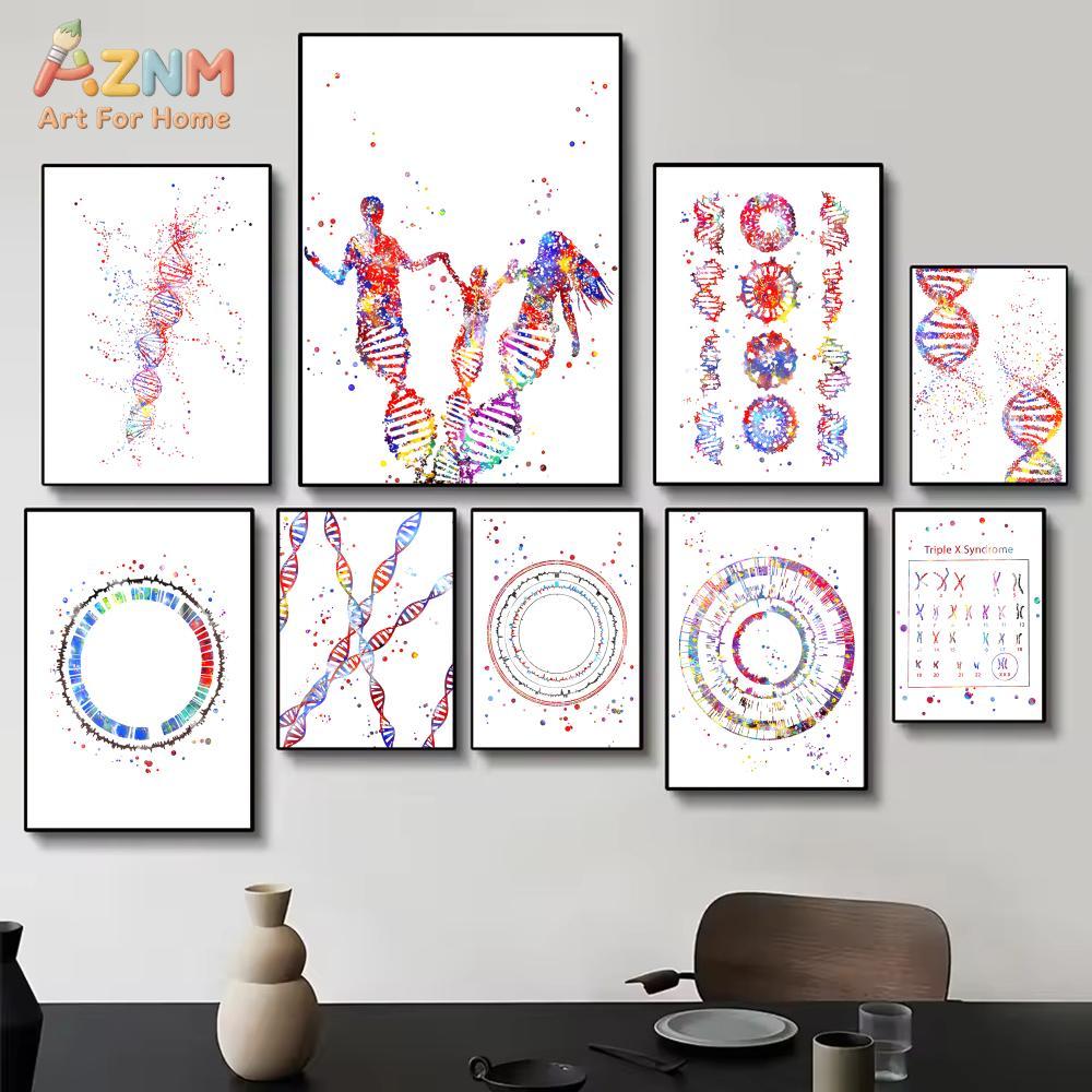 Medical Lab Posters - AZNM สีสันสดใสสีน้ำ DNA ยีน พิมพ์บนผ้าใบ ครอบครัวมนุษย์